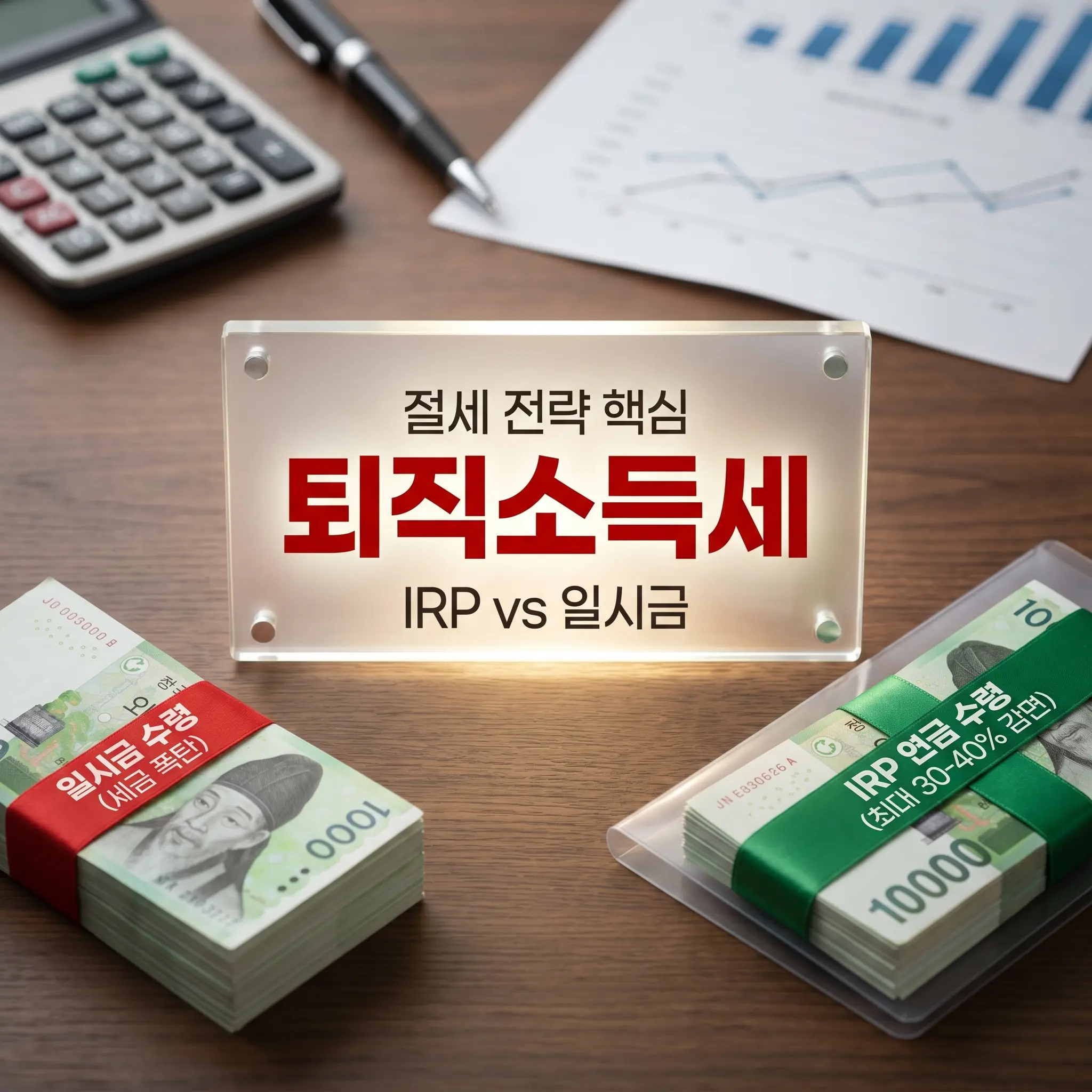 퇴직금 1억 원 수령 시 일시금 수령과 IRP 계좌 연금 수령의 세금 차이를 비교하는 썸네일 이미지. 책상 위에 현금 뭉치가 놓여 있으며, 일시금 수령 뭉치에는 '세금 폭탄' 빨간색 띠지가, IRP 연금 수령 뭉치에는 '최대 30~40% 감면' 초록색 띠지가 둘러져 절세 혜택을 직관적으로 보여주는 정보성 이미지.