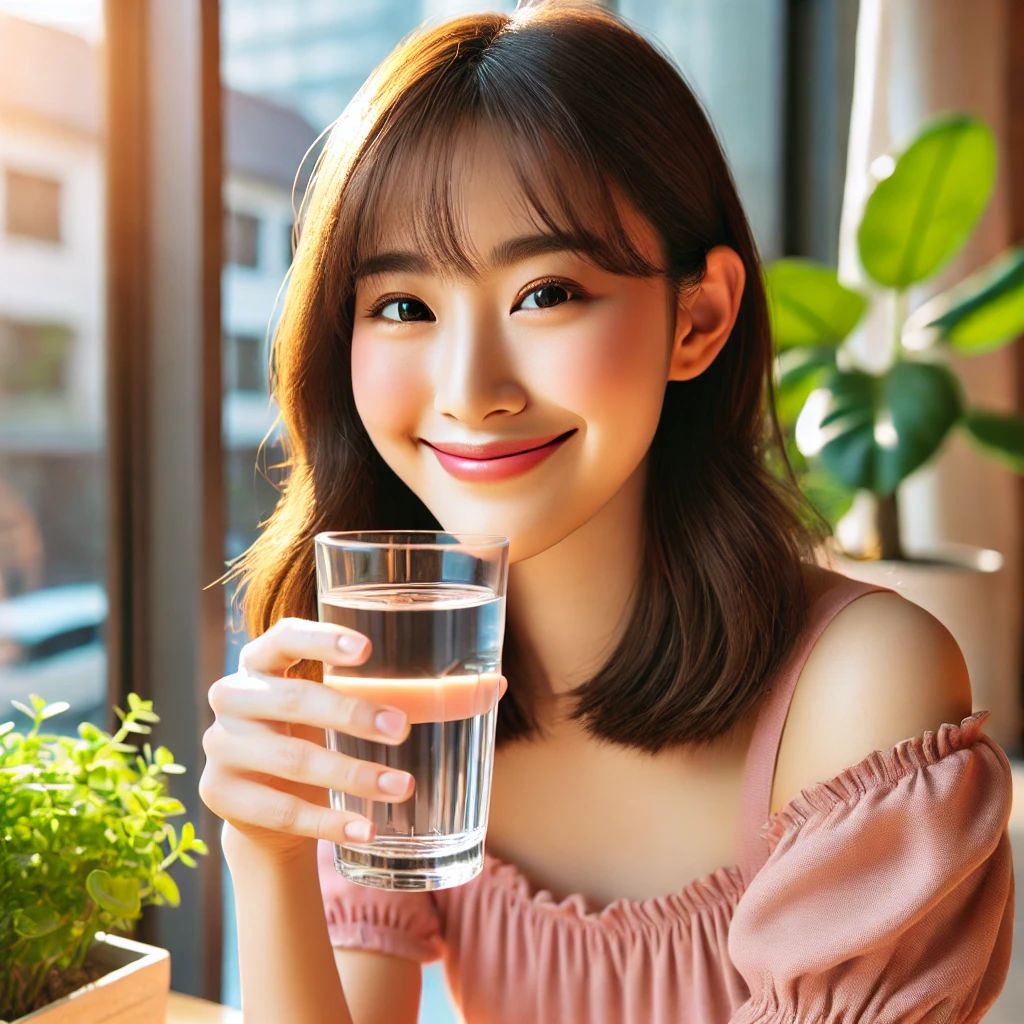 여성이 햇빛이 드는 창가에 앉아 물을 마시는 모습. 그녀는 두 손으로 물잔을 들고 미소를 짓고 있으며, 배경에는 화분이 놓여 있습니다