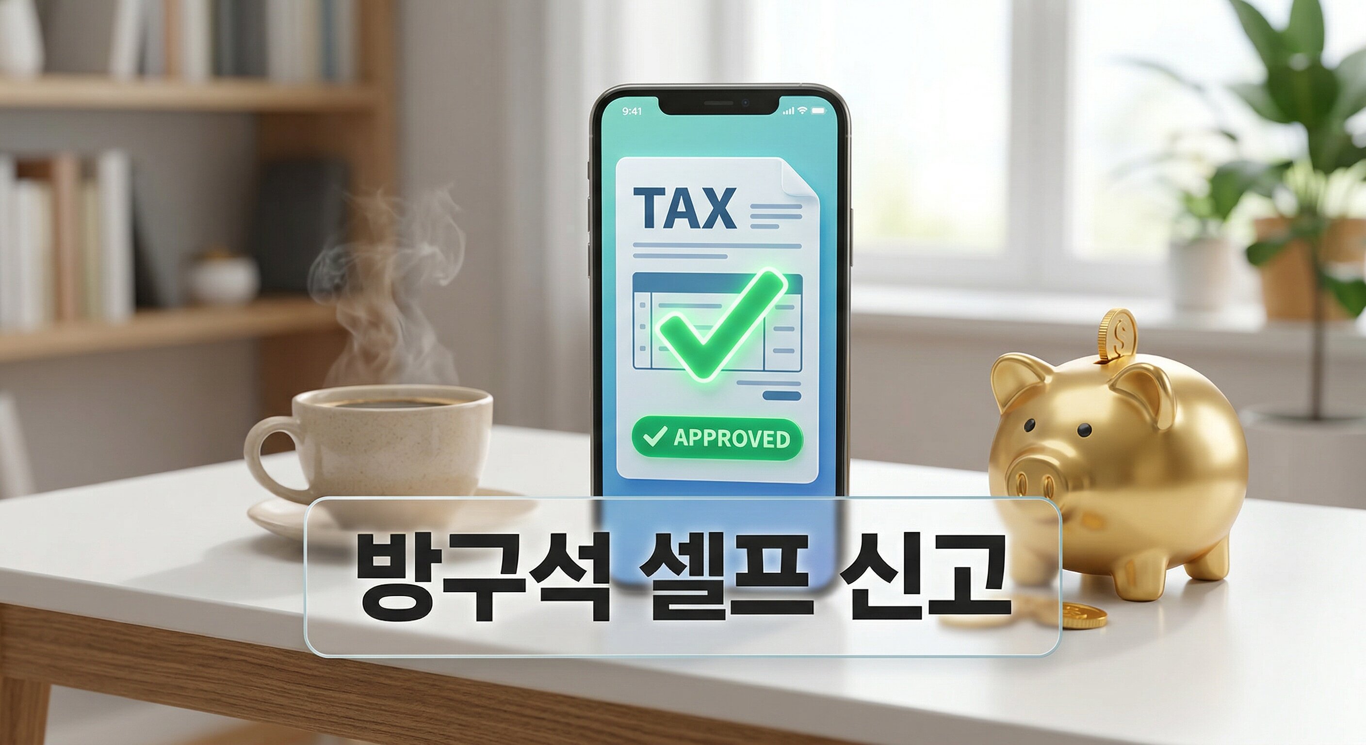 커피잔과 황금 돼지 저금통 옆 스마트폰 화면에 세금 문서가 떠 있는 배경에 '방구석 셀프 신고'라는 한글 문구가 중앙에 적힌 3D 일러스트