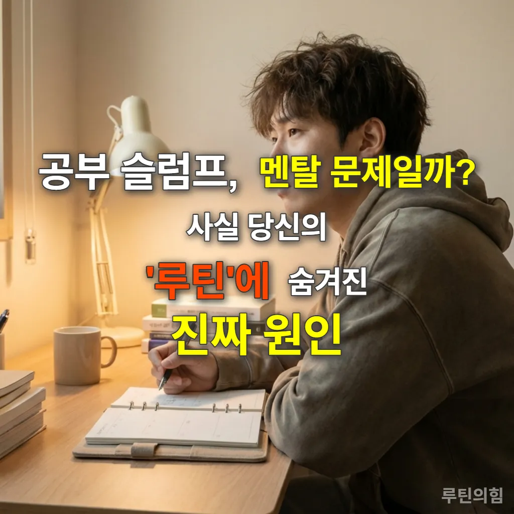 공부 슬럼프를 겪는 한국 학생이 책상에 앉아 루틴을 점검하는 모습