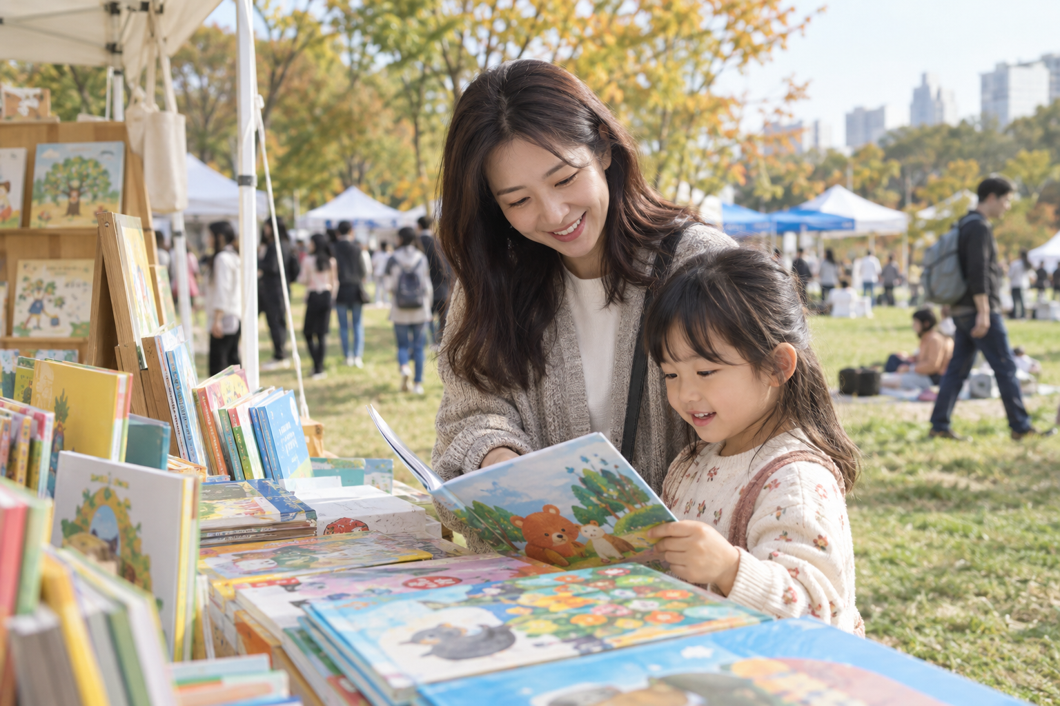 야외 책축제 부스에서 그림책을 함께 고르는 보호자와 아이
