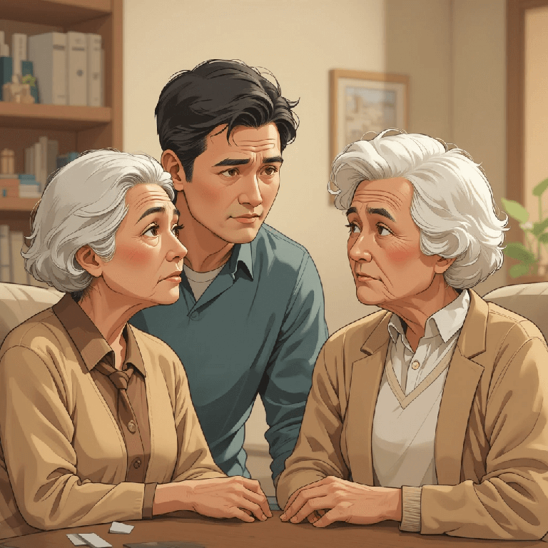 할머니 두명과 성인 남성이 대화를 나누는 장면