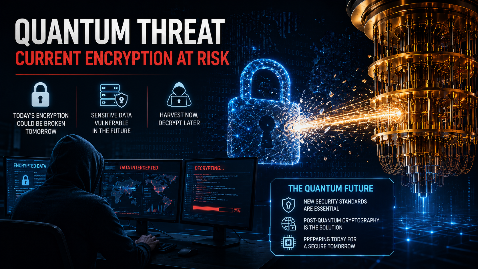 Cybersecurity threat concept showing quantum computing risks and future encryption vulnerabilities