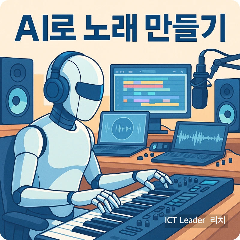 AI로 노래를 만드는 안드로이드가 레코딩 스튜디오에서 작곡 중인 밝고 미래지향적 일러스트