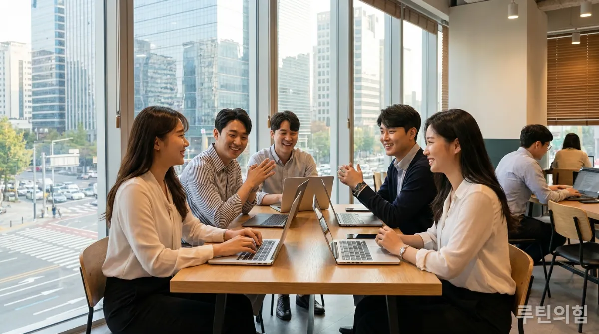 서울의 코워킹 스페이스에서 한국인 직장인들이 원격 근무를 하며 협업하는 모습. 온라인 자격증의 중요성을 나타낸다.
