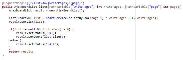 CDATA๋ฅผ ์ฌ์ฉํ๋ ์ด์ ๋ Mybatis ์ฌ์ฉ์ ์ฟผ๋ฆฌ ๋ฌธ์ ์ง๊ธ์ฒ๋ผ ๋น๊ต์ฐ์ฐ์๋ ๋ถ๋ฑํธ๋ฅผ ์ฒ๋ฆฌํด์ผํ ๋๊ฐ ์๋๋ฐ ํน์๋ฌธ์ ์ฌ์ฉ์ ์ ํ์ด ์๋ค๊ณ ํ๋ค.
๊ทธ๋ ๊ธฐ ๋๋ฌธ์ <![CDATA[๋ฅผ ์ฌ์ฉํ๋ฉด ์ด ์์ ๋ค์ด๊ฐ๋ ๋ฌธ์ฅ์ ๋ฌธ์์ด๋ก ์ธ์ํ๊ฒ ๋ผ ํน์๋ฌธ์๊ฐ ๋ค์ด๊ฐ๋ ๋ฌธ์์ด๋ก ์ธ์ํด์ค๋ค!
- BoardRestController @RestController ์์ฑํ๊ธฐ
![