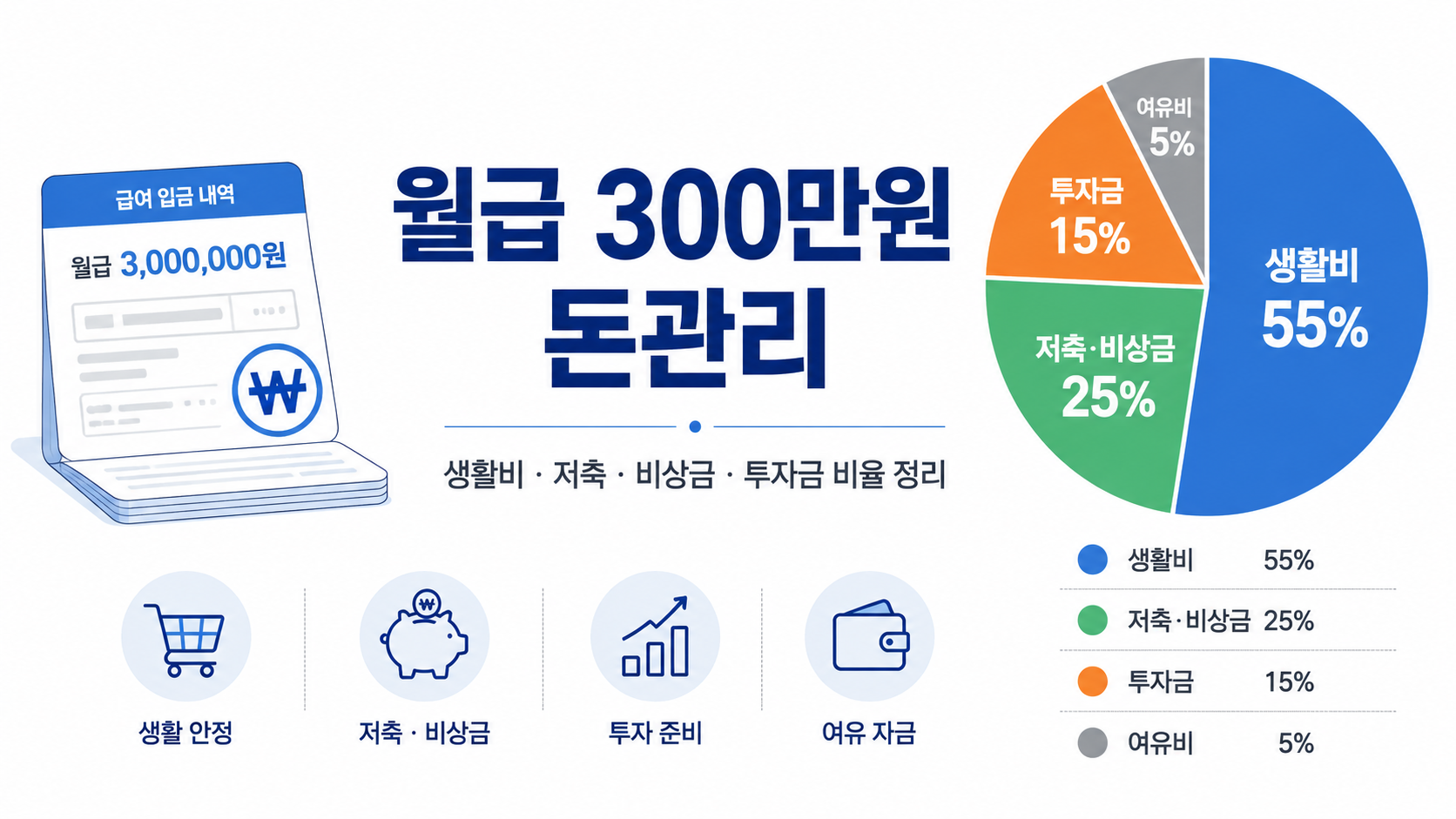 월급 300만원 직장인 돈관리 생활비 저축 투자금 비율 인포그래픽