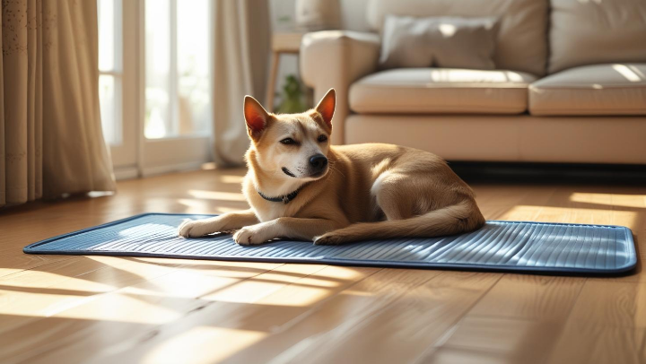 시원한 실내 쿨매트 위에 편안히 누워있는 강아지