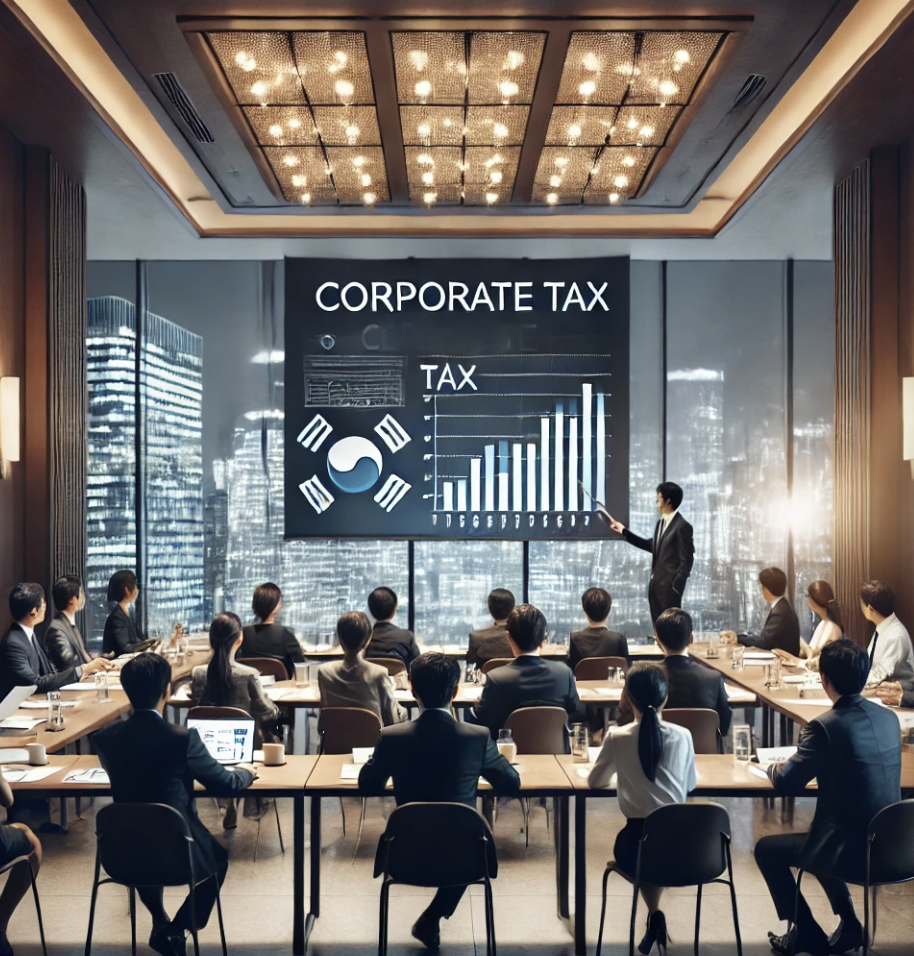 법인세 관련된 차트가 표시된 프로젝터를 보며 세무세미나를 진행중인 장면