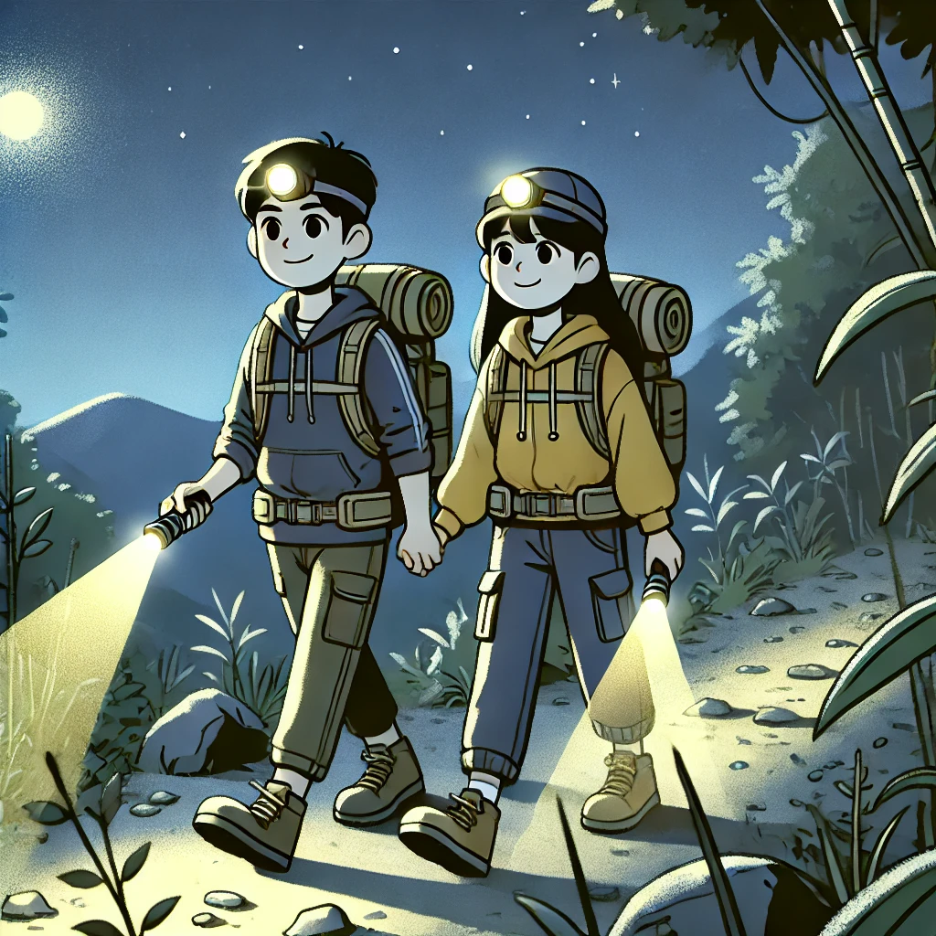 헤드랜턴과 등산 장비를 착용한 등산객