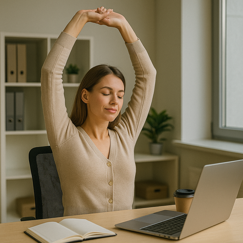 근무하면서 틈틈이 스트레칭하는 모습