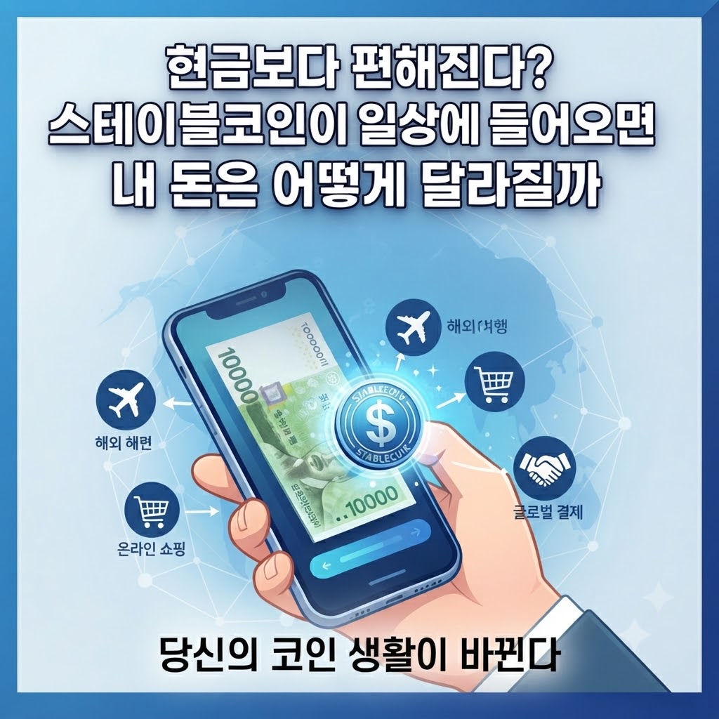 현금보다 편해진다? 스테이블코인이 일상에 들어오면 내 돈은 어떻게 달라질까 - 스마트폰을 든 손과 달러, 글로벌 결제 아이콘이 포함된 미래 금융 블로그 썸네일 이미지