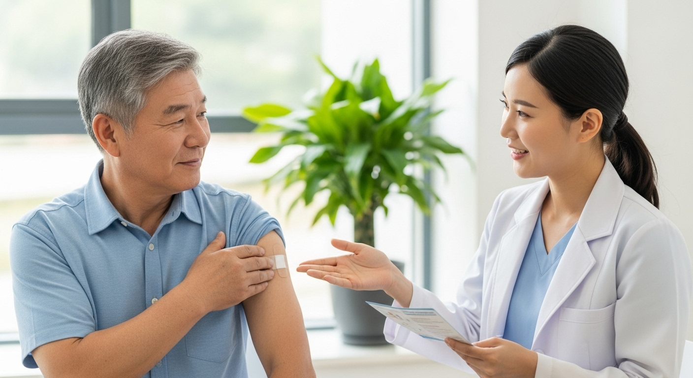 대상포진 예방접종 부위를 살피는 60대 남성과 설명하는 의료진
