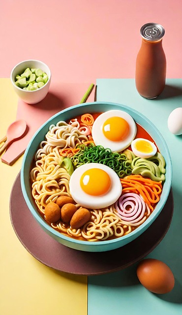 노란색과-파란색의-테이블-위에-계란후라이-2개가-올려져-있는-라면-한그릇이-있습니다.