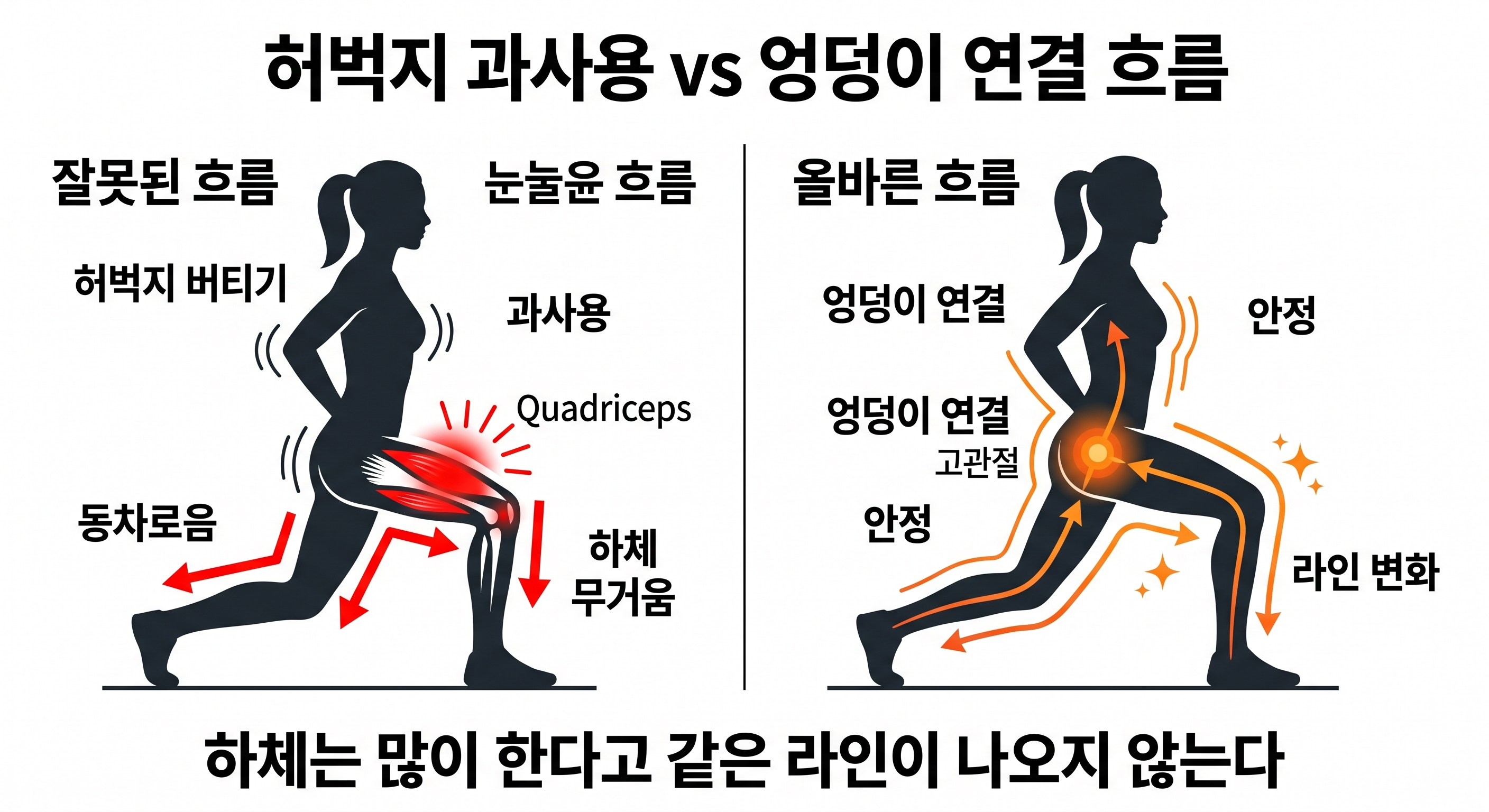 허벅지 과사용 vs 엉덩이 연결 흐름