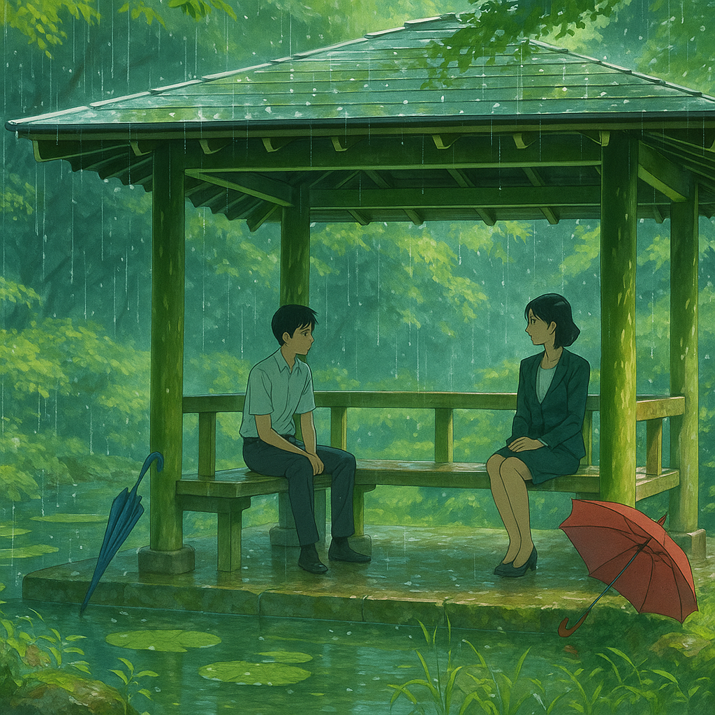 비 내리는 신주쿠 교엔 정자에서 고등학생 소년과 정장을 입은 여성이 말없이 앉아 있는 장면. 배경에는 연못과 수풀이 가득하며, 애니메이션 특유의 감성적인 분위기가 담겨 있다.