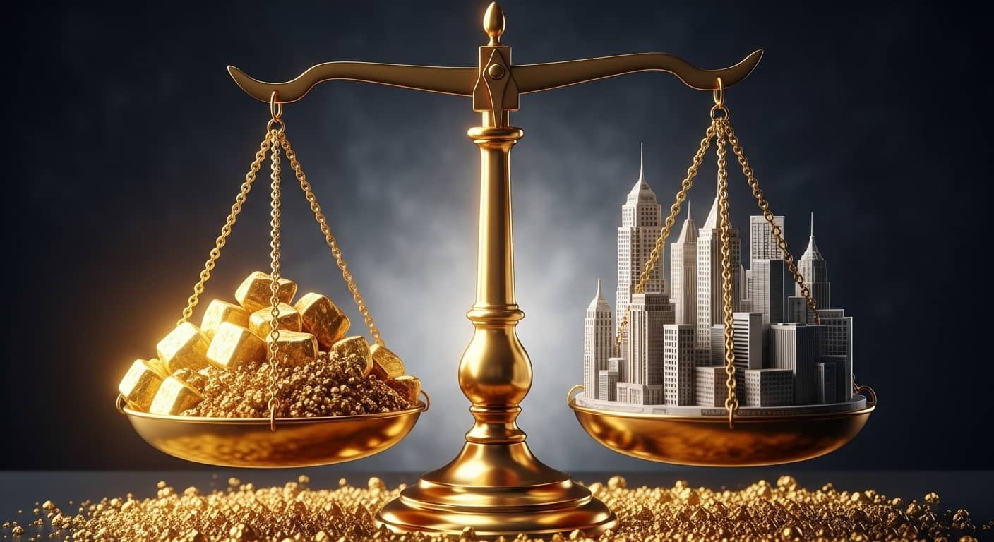 황금색 양팔 저울의 한쪽에는 빛나는 금괴와 금 알갱이가 가득하고, 다른 한쪽에는 미니어처 도시의 건물들이 놓여 있습니다. 저울은 거의 균형을 이루고 있으며, 배경은 어둡고 바닥에는 금 알갱이가 흩어져 있습니다.