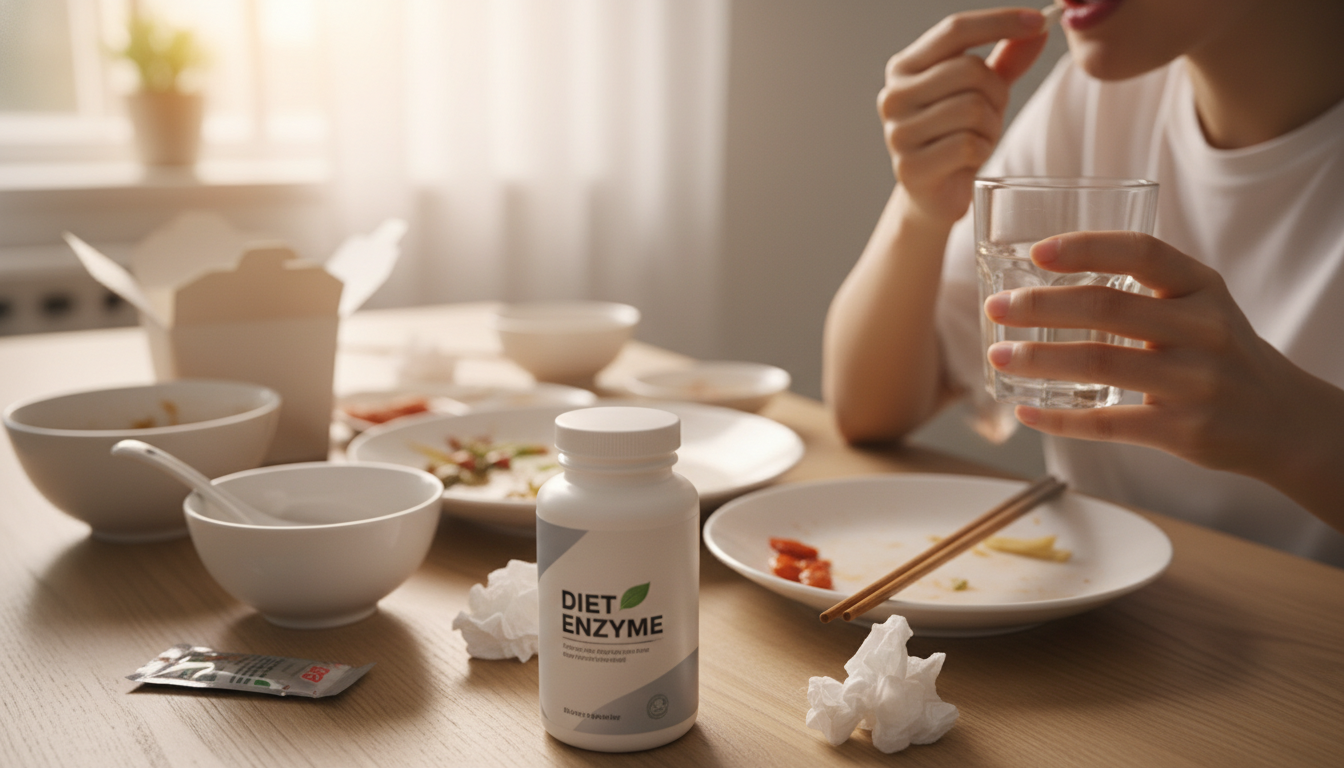 기름진 중식 식사 후 가벼운 속을 위해 소화 효소와 다이어트 보조제를 섭취하는 모습
