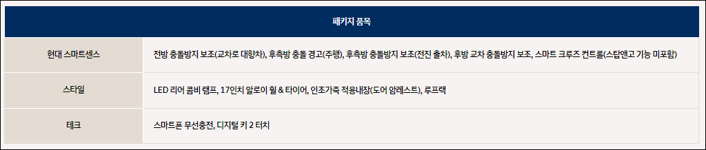 베뉴 패키지 옵션 상세 내용