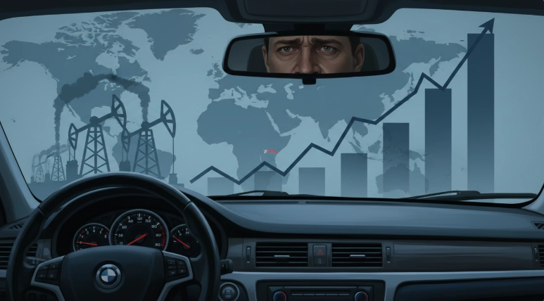 2026년 미&middot;이란 갈등으로 인한 유가 폭등 시대를 나타내는 이미지. 주유 게이지가 바닥난 자동차와 걱정하는 운전자의 모습, 그리고 배경에 호르무즈 해협과 상승하는 유가 그래프가 보입니다.