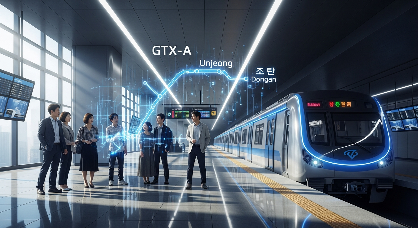 미래지향적인 GTX-A 지하철 승강장 모습. 검은 머리의 행복한 젊은 중년 한국인 통근자들이 운정에서 동탄을 연결하는 대형 홀로그램 노선도를 바라보고 있다. 기차는 매끄럽고 최첨단 기술로 보인다.