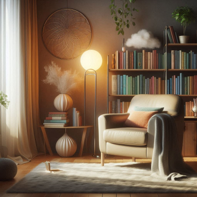 책장 옆의 의자와 조명이 따뜻한 느낌을 주는 아늑한 방.