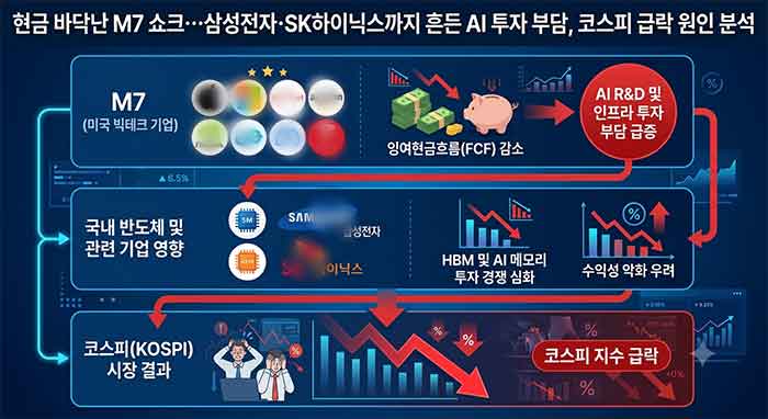 현금 바닥난 M7 쇼크…삼성전자·SK하이닉스까지 흔든 AI 투자 부담, 코스피 급락 원인 분석을 이미지화한 것입니다.