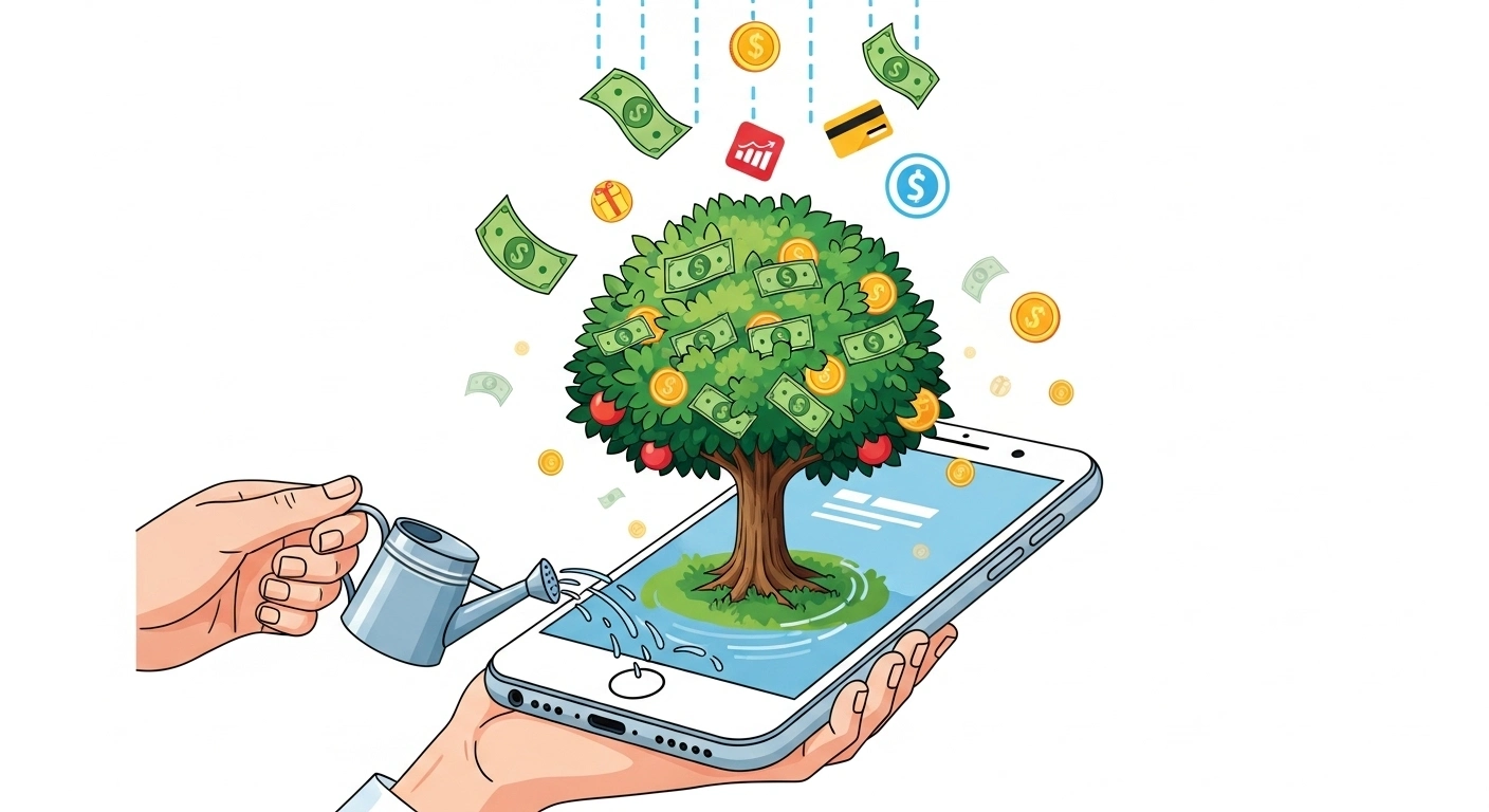 케이뱅크-돈나무-키우기-최대-10만-원-리워드-받는-팁-스마트폰-속-돈나무에-물을-주면-현금이-쏟아지는-모습을-표현한-AI-이미지