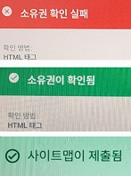 구글 서치콘솔에서 소유권 확인 실패 및 성공, 사이트맵 제출 상태를 보여주는 화면