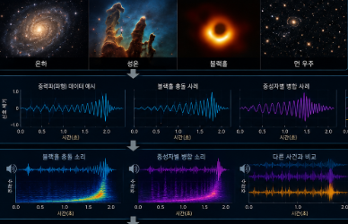 중력파 파형 데이터를 비교하며 보이지 않는 우주 신호를 소리처럼 연구하는 장면