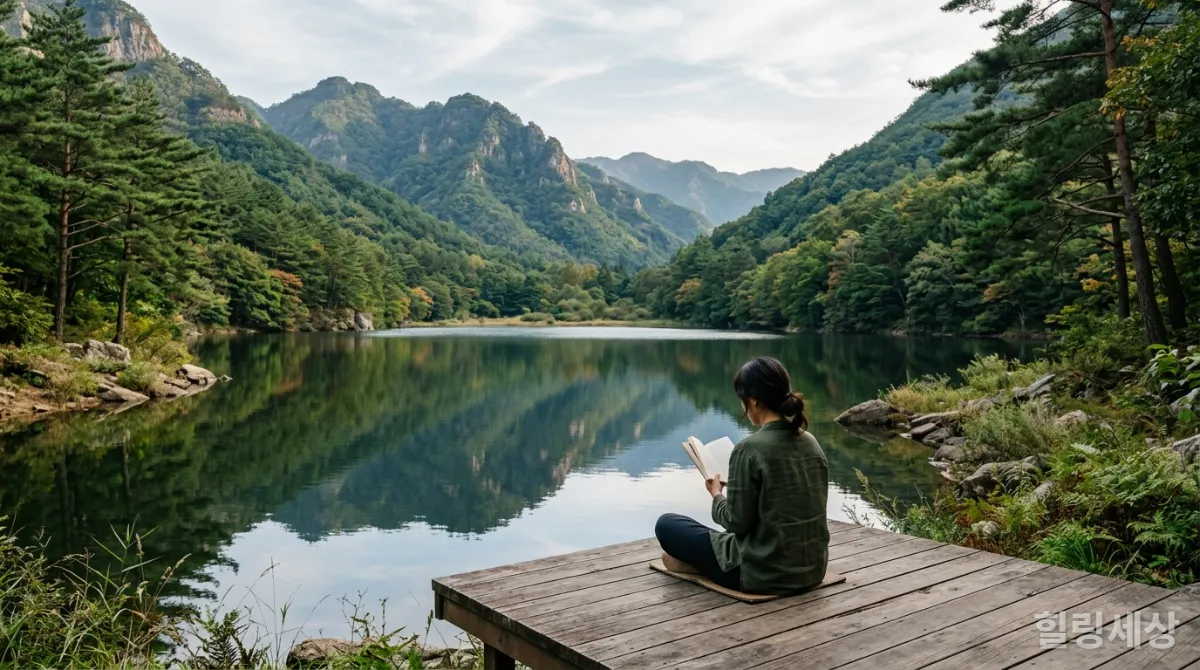 고요한 산속 호수에서 명상하며 휴식하는 사람