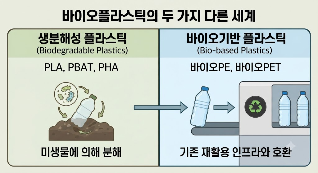 상단에는 '생분해성 플라스틱(PLA, PBAT)' 그룹과 '바이오기반 플라스틱(바이오PE, 바이오PET)' 그룹을 나누고, 하단에는 이들이 각각 '자연 분해'와 '기존 재활용'이라는 다른 경로로 향하는 모습을 화살표로 명확히 구분했습니다. 원료가 식물인지 여부와 상관없이 '분해 여부'가 핵심 기준임을 시각적으로 강조합니다.