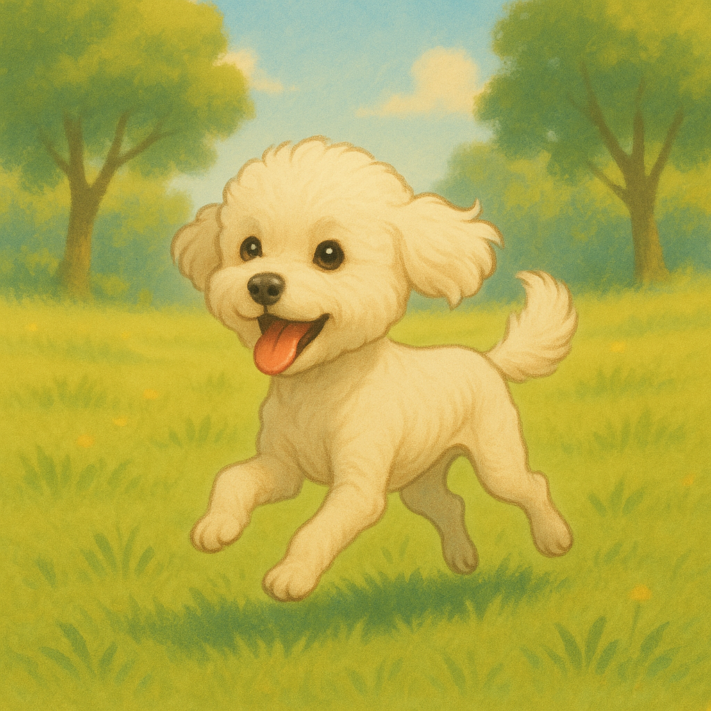 허리가 잘록하고 갈비뼈가 살짝 드러나는 건강한 몸매의 강아지가 햇살 좋은 들판에서 즐겁게 달려오는 모습의 이미지(식단관리와 운동 루틴 지키는 강아지의 활기찬 모습 표현)