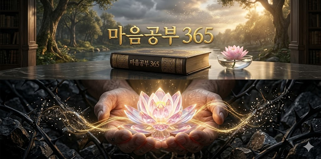 금박 '마음공부 365' 리포트가 놓인 상단 브랜딩 전경과, 시련의 가시넝쿨을 뚫고 피어난 금빛 연꽃을 소중히 받쳐 든 손길의 압도적인 실사 파노라마 이미지.

EN: A unified 2:1 cinematic panoramic photo: Top shows a premium gold-embossed 'Mind Study 365' report in a serene library; bottom shows hands lifting a glowing lotus from among sharp thorns, transforming adversity into golden light.