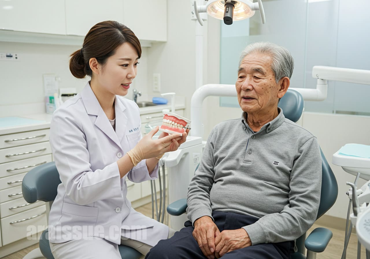현대식 치과에서 노년 남성이 임플란트 보험 적용에 대해 설명을 듣고 있습니다.
의사는 모델을 활용해 설명하고 있으며, 배경은 깔끔한 클리닉 내부입니다.