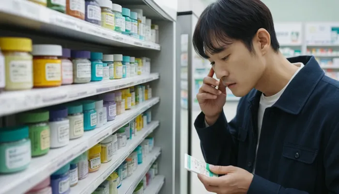 다양한 잇몸 염증 치료약 중 무엇을 선택할지 생각하는 장면