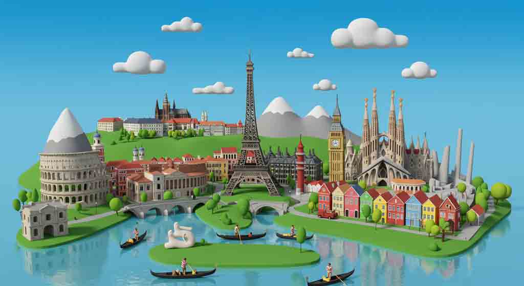 유럽의 대표적인 관광지 7 곳을 표현한 이미지