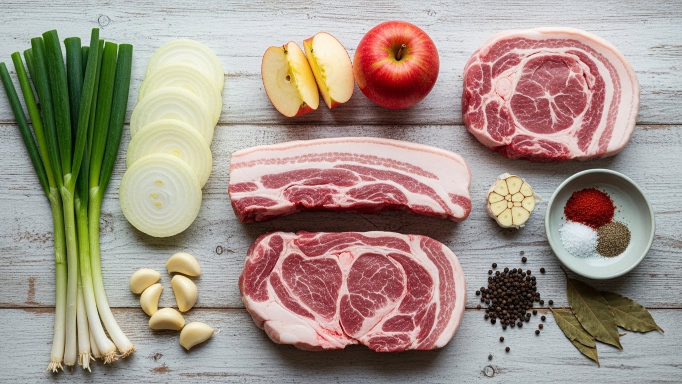 한국식-주방-식탁-위에-생삼겹이나-목살,-양파,-파,-사과,-마늘,-후추,-월계수-잎, 양념-재료를-깔끔하게-정하였습니다.