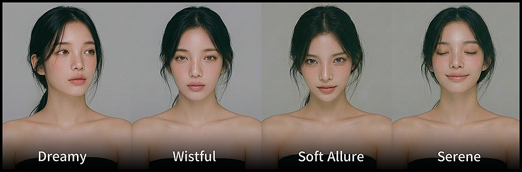 나노 바나나로 생성한 인물 캐릭터의 Dreamy, Wistful, Soft Allure, Serene 감성 표현 시트, 몽환적이고 서정적인 분위기 변화를 기록한 캐릭터 성격 시트_Midjourney &amp; Nano Banana