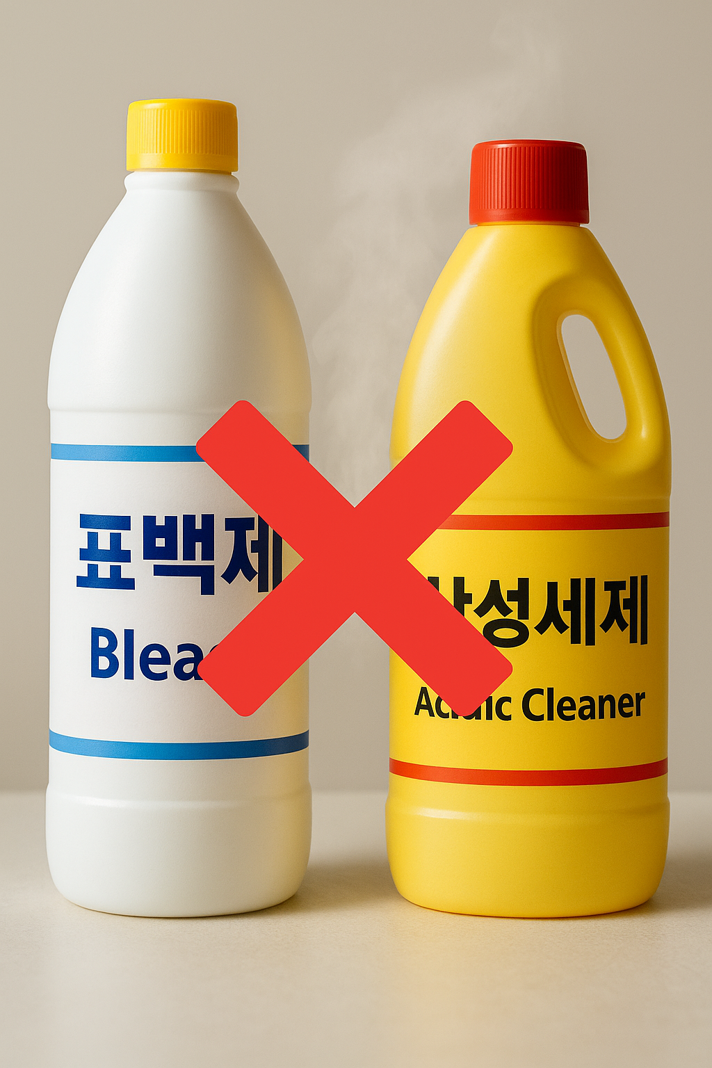 표백제와 산성세제를 함께 쓰면 안 되는 혼합 금지 경고(큰 X 표시)