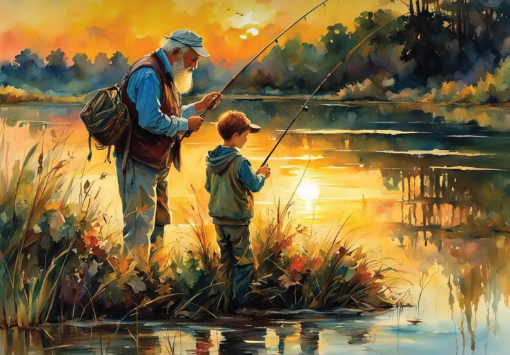 할아버지와 손자가 같이 낚시하는 모습