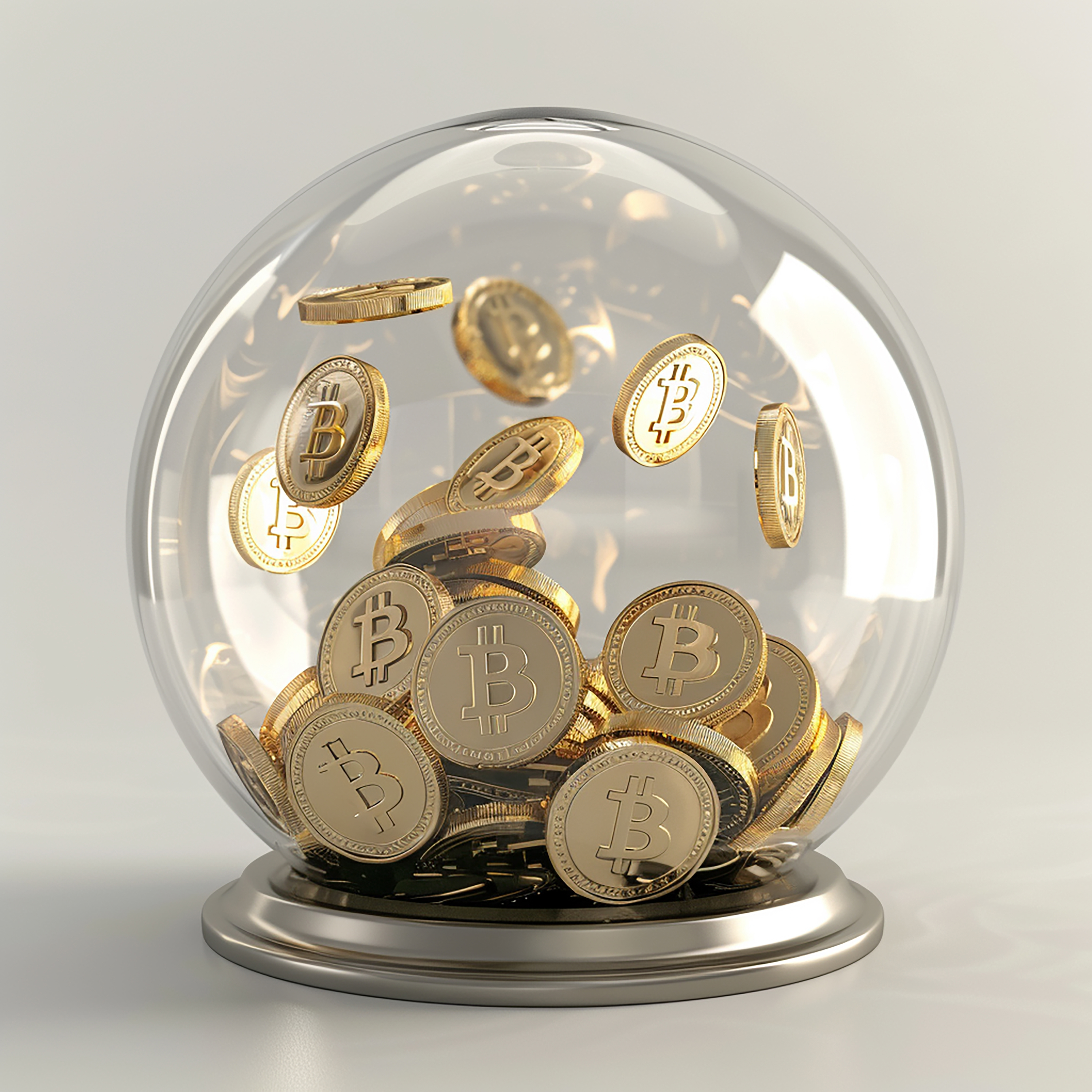 비트코인 동전이 유리 구체 안에 담겨 있는 모습, 가상화폐 보관과 거래 개념을 표현한 이미지