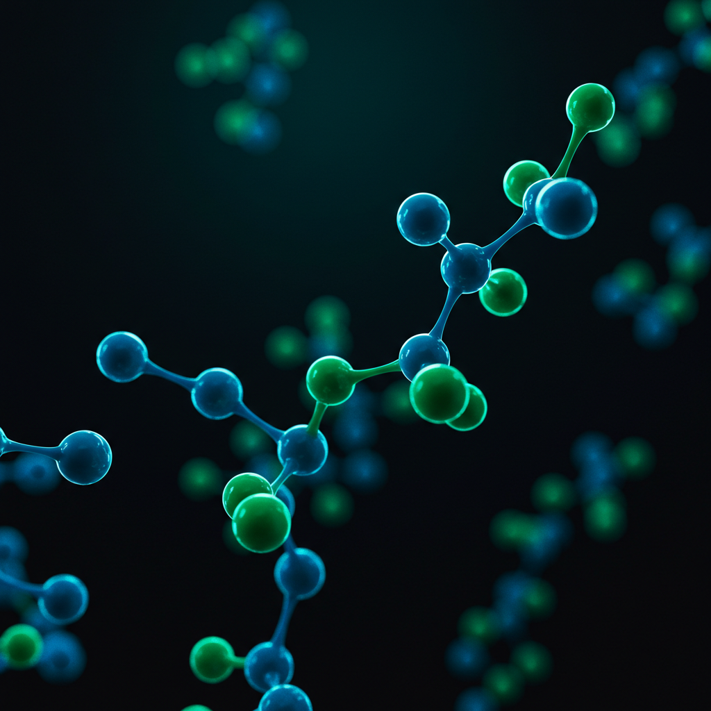 서로 연결된 분자 구조가 빛나는 추상적인 이미지. 새로운 당뇨병 치료제 신약 개발을 상징.