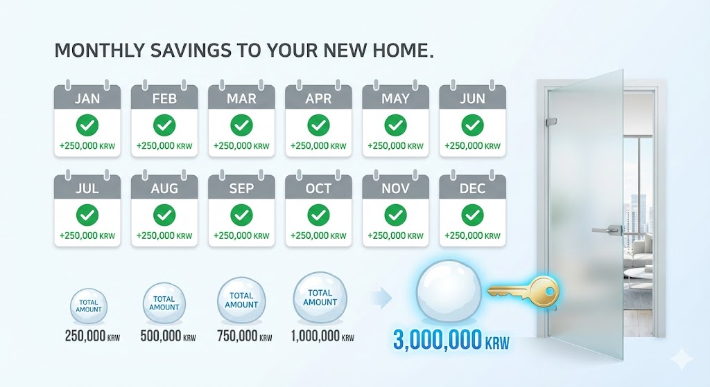 달력에 매달 25만 원씩 자동이체 체크가 되어 있고, 저축 총액이 눈덩이처럼 불어나 아파트 문을 여는 시각화 이미지