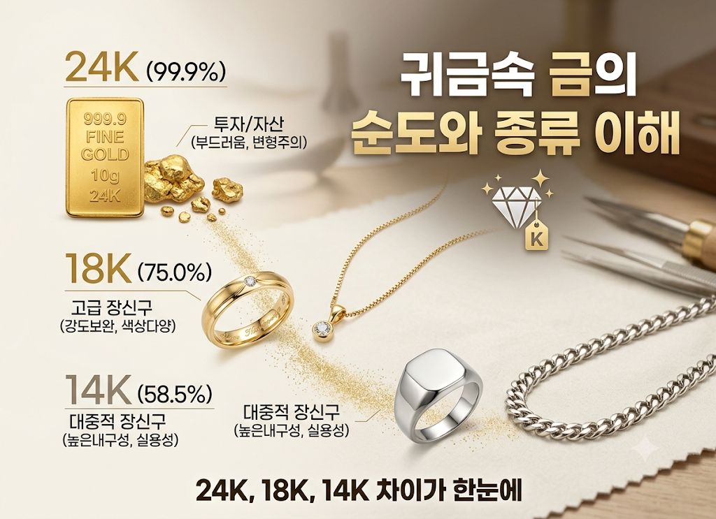 귀금속 금의 순도와 종류(24K,18K,14K, ) 차이 요약 인포그래 픽 이미지