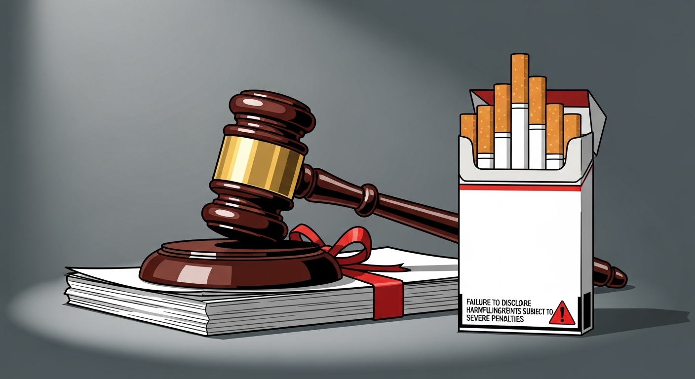 담배 제품 옆에 놓인 법률 문서와 법봉, 그리고 경고 표시가 그려진 그림. 담배 유해성분 공개 법규 위반 시의 엄중한 처벌과 기업의 책임감을 시각적으로 강조합니다.