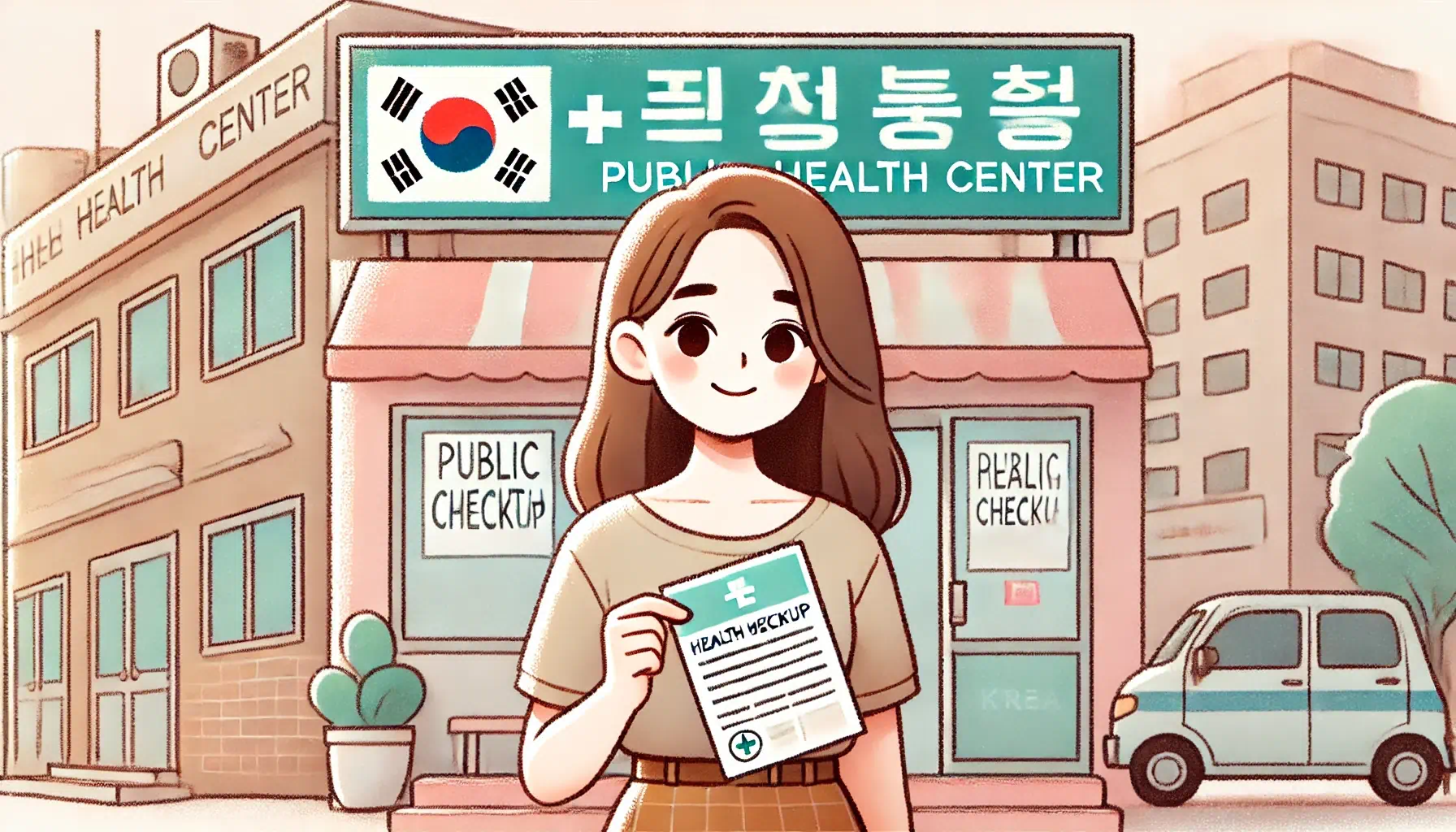 한 여성이 보건증을 인터넷 발급받아 보건소앞에서 보건증출력물을 들고있는 모습