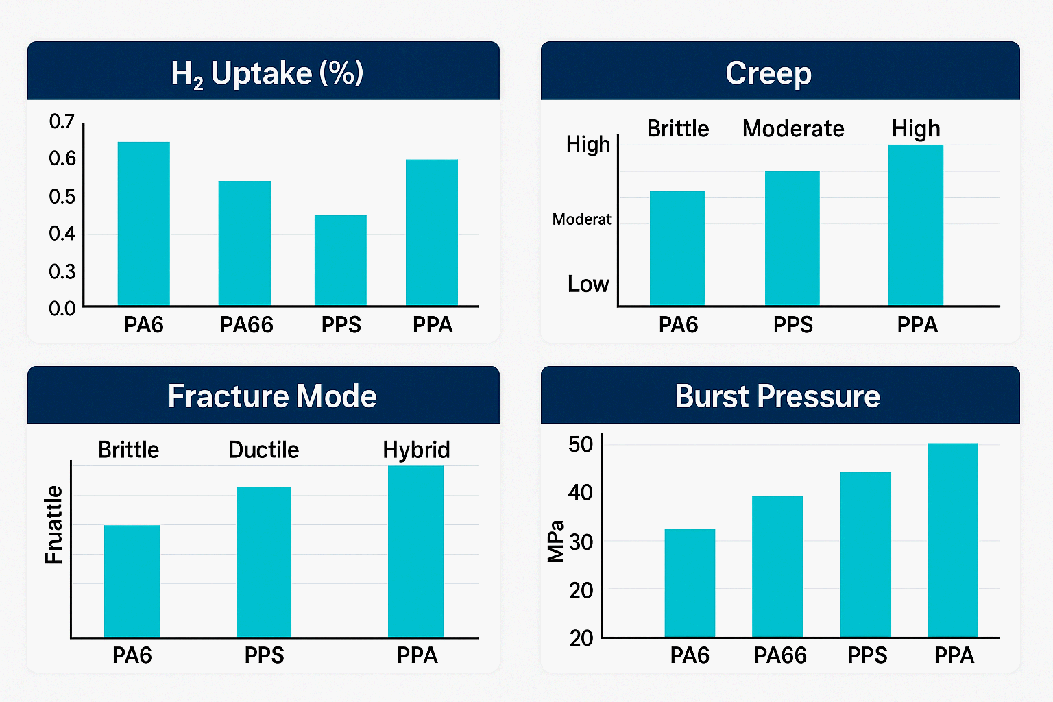 PA6·PA66·PPS·PPA의 수소환경 내 크리프·흡수·내압 특성 비교