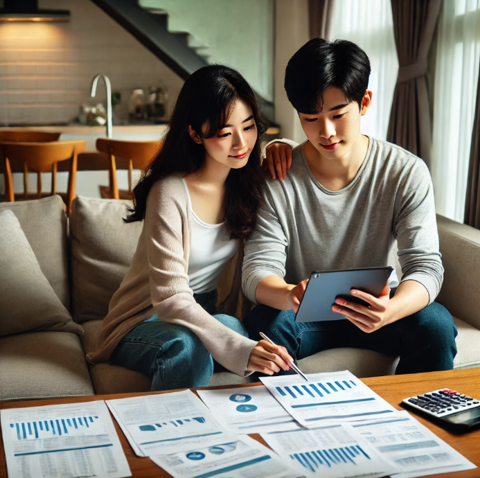 재정계획을 논의하는 젊은 부부