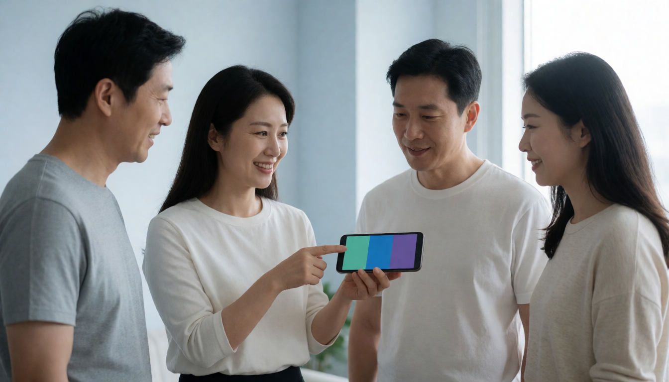 밝은 실내에서 가로로 든 스마트폰의 청록·파랑·보라색 화면 블록을 가리키며 세 참가자에게 보여 주는 여성 운영자
